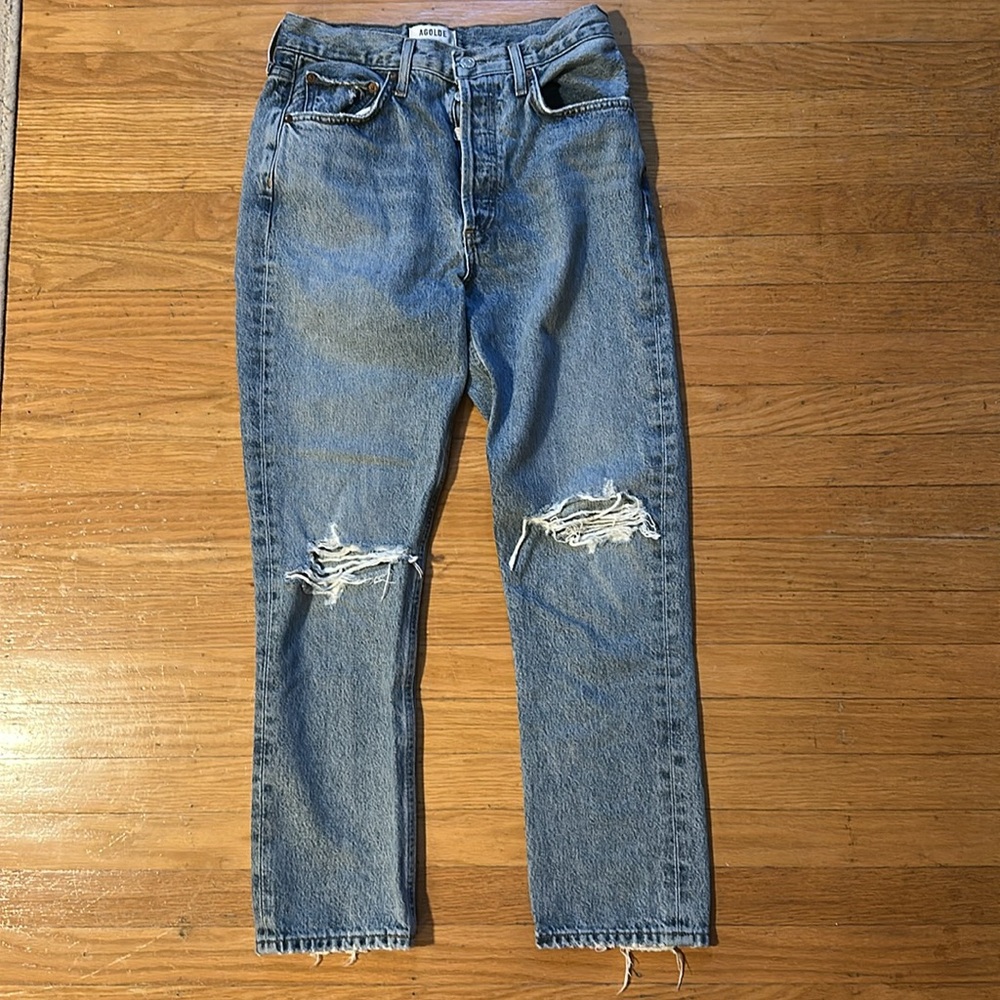 AGOLDE Riley High Rise Straight Crop Escalate Wash Denim Ripped Knee 26